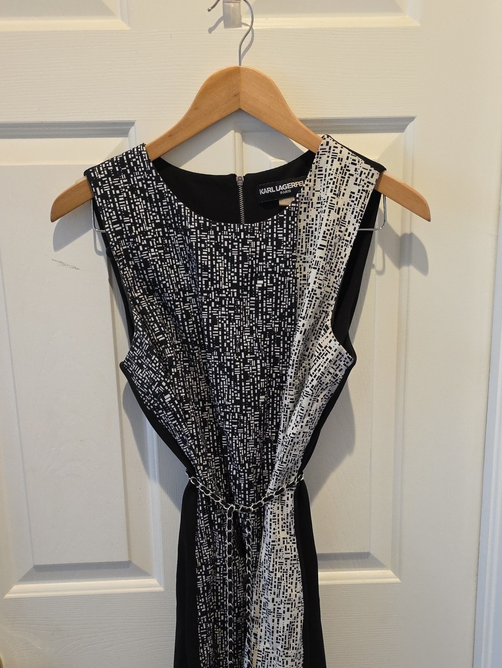 Karl Lagerfeld Black and White Textured Panel Dress with Chain Belt